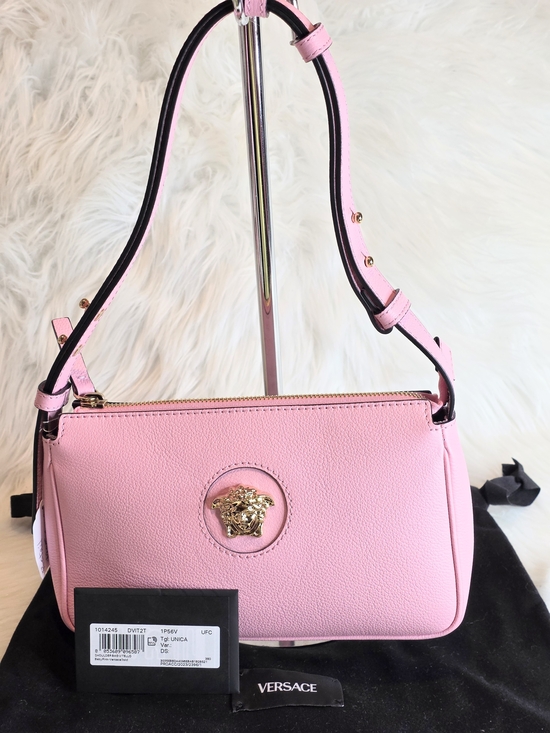 Versace Handbags - Versace Vitello Pink Leather Shoulder Bag with  Gold Medusa Accent Dustbag New